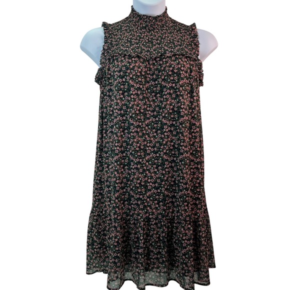 Maurices Women L Floral Print Sleeveless Dress Smocked Mock Neck Peasant Prairie - Picture 2 of 14